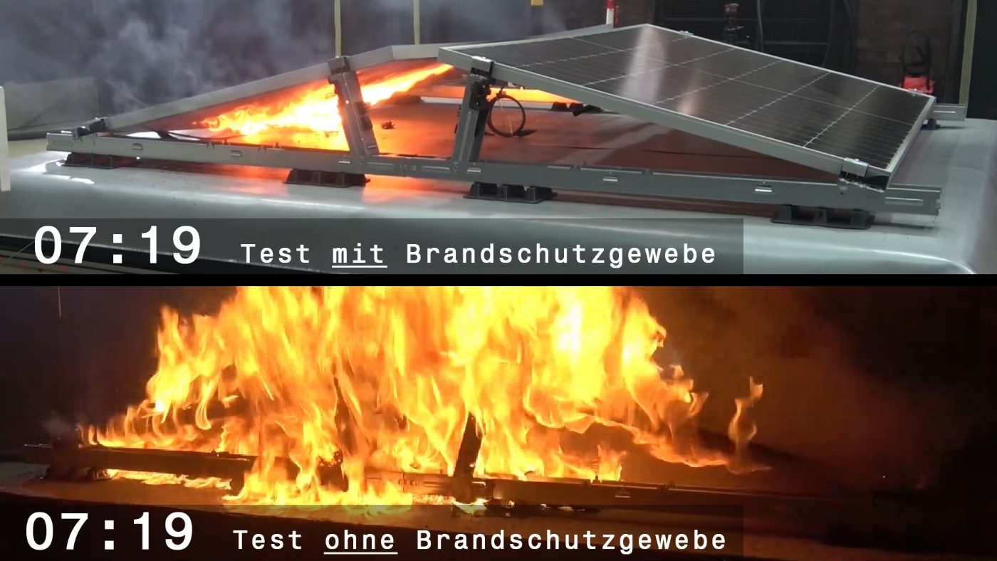 Brandtest-Vergleich: oben mit Brandschutzgewebe (kleine, kontrollierte Flamme), unten ohne Gewebe (großflächiger Brand)